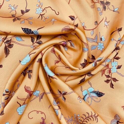 108CM Wide 19MM Floral Print Stretch Golden Silk Satin Fabric for Summer Dress Shirt Scarf G004