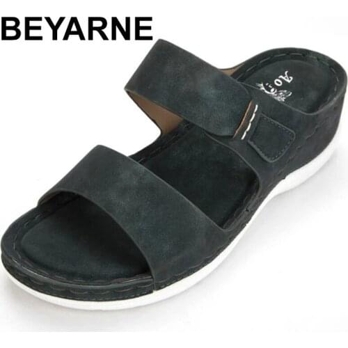 BEYARNE 2021Summer Women Wedge Slippers Open Toe Flip Flop Vintage Anti-slip Casual Female Platform Shoes Beach Sandals