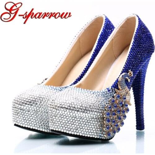 Wedding Shoes New Arrival Platform High Heel Shoes Stiletto Heel Royal Blue with Silver Rhinestone Bride Dress Shoes Big Size 45