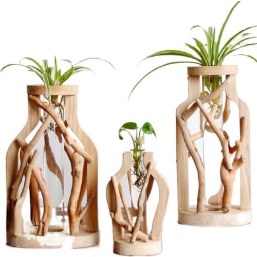 Pure handmade wooden vase pastoral micro landscape creative solid wood glass flower hydroponic container home decoration vase