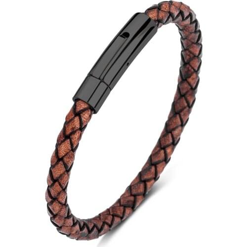 Vintage Unisex Jewelry Brown Braided Leather Bracelet for Men Women Trendy Wristband Stainless Steel Buckle Handmade Bangle P613