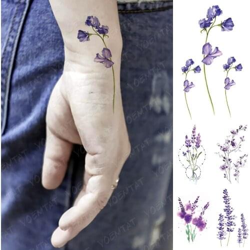 Waterproof Temporary Tattoo Sticker Watercolor Flowers Plants Flash Tatoo Purple Lavender Wrist Fake Tatto For Body Art Women