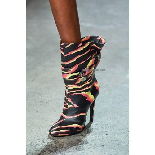 Mixed Color Fashion Show Leather Short Boots Women Pointed Toe Big Buckle Thin High Heel Autumn Slip On Ankle Boots