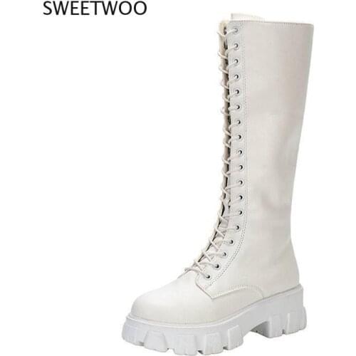 Fashion Women Cross Strap Pu Leather Boots Autumn Winter Knee High Boots Ladies Thick Sole Platform Mid-Calf White