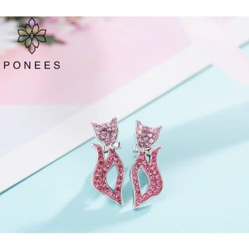 PONEES Hot Sale Fashion Earrings/Lovely Rhinestone Cat Earrings Cute Cat With Pink Crystal Stud Earrings For Women Girls Gift