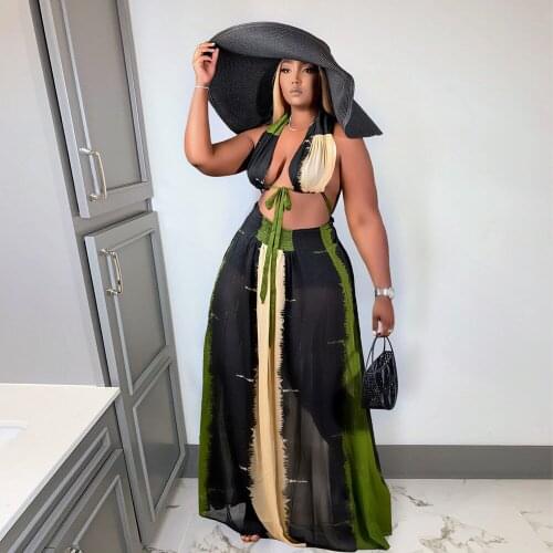 Sheer Mesh Color Block Spliced 2 Piece Dress Set Summer Outfits for Women Halter Cleavage Crop Top+high Waist Bohemian Skirts