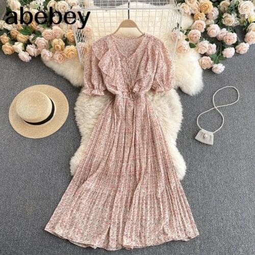 Korean Sweet Floral Dress Women Puff Sleeve V Neck A-line Ruffles Dresses Summer Bohemian Print Chiffon Beach Dress