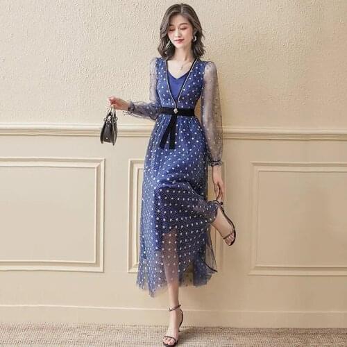 2021 Spring Summer Womens Floral Chiffon Dress Robe Long Sleeve Fashion Sexy V-Neck Vintage Dress Korean Clothing