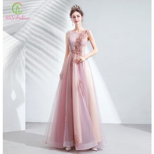 SSYFashion New Sweet Pink Evening Dress Elegant Scoop Sleeveless Lace Appliques Beading Long Formal Prom Gown Robe De Soiree