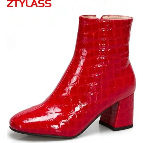 2021 Fashion Patent Leather Women Boots Square Low Heel Ankle Boots Zipper Autumn Winter Boots Shoes Black Red Silver