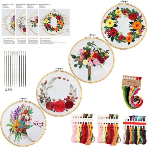 4PCS Or3PCS Beginner Diy kit Embroidery Cross Stitch Tools Flowers Plants Pattern Borduurpakket Kruissteek With Embroideri Frame