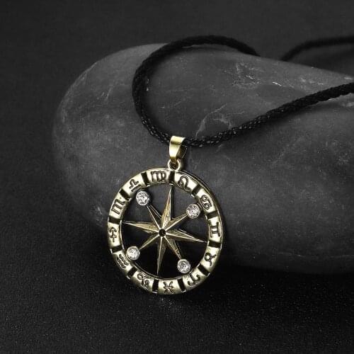 Antique Rhinstone Zodiac Pendants for Men Women Astrology Medallion Necklace Divination Jewlery Gift