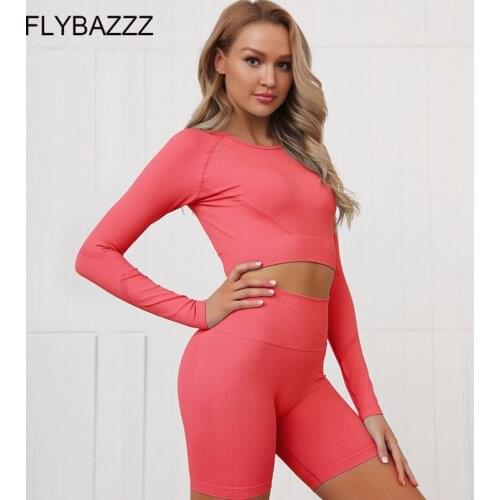 Seamless Sports Suit Womens Yoga 2 Piece Set Gym Clothes Fitness Women Long Sleeve Crop Top Breathable Leggings Shorts 2020 Hot