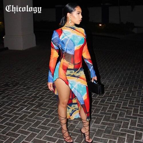 Chicology 2021 Summer Women Color Block Print Long Sleeve Issregular Side Slit Round Neck Stretchy Bodycon Fashion Dress