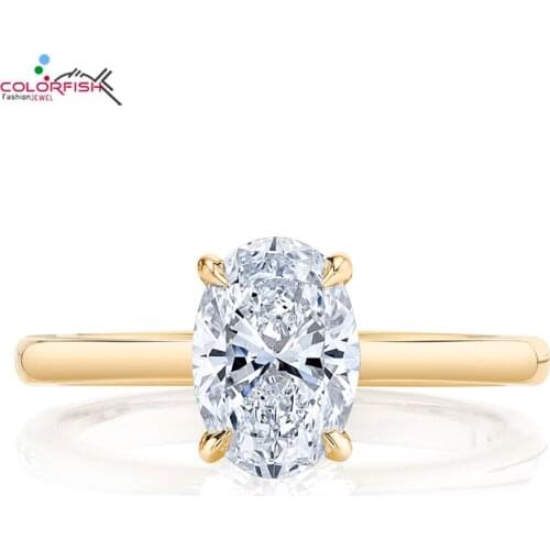 COLORFISH Oval Cut 2 Carat Solid 14K Yellow Gold Solitaire Moissanite Engagement Anniversary Rings for Women Wedding Jewelry