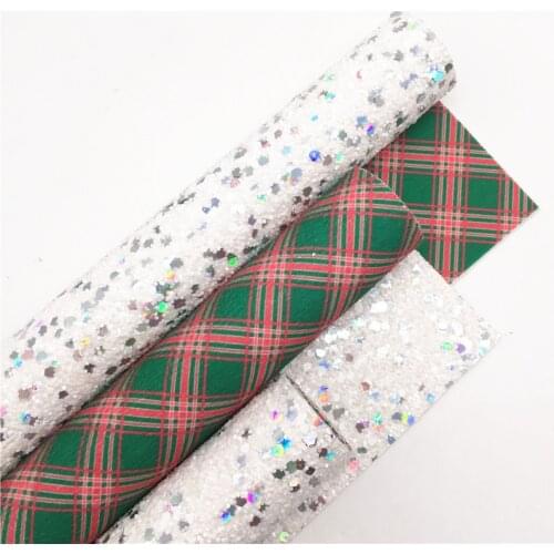 Two Sided Silver White Chunky Glitter Vinyl Fabric Sheet Felt Backing with printed Tartans Leather Faux Vinil DIY A4 SIZE 6S28B
