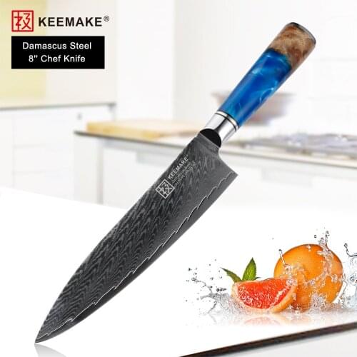 KEEMAKE 8" Chef Knife Japanese Damascus AUS-10 Steel Blade Kitchen Knives Blue Resin Handle Sharp Meat Vegetable Cutter Tools