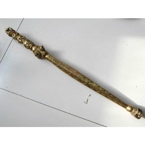 Chinese copper Buddhist or Taoist instrument Vajra sword Buddha head old long