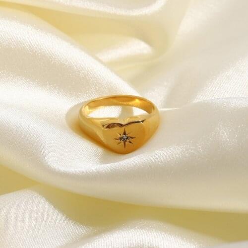 18k Gold Plated 316L Stainless Steel Eight-Pointed Star Rings For Women Heart Shape Zircon Rings Female Jewelry