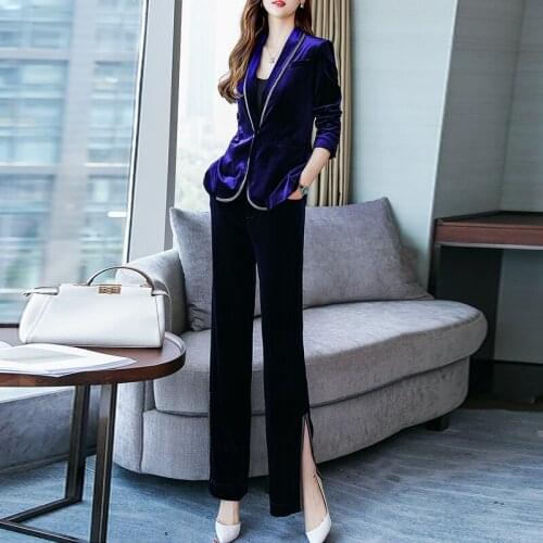Woman Spring Autumn Lady Suit Office High Quality Velvet Fashion Blazer and Wide Leg Split Pant Female Pants Suit 2 Piece Sets
