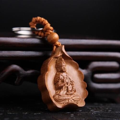 Kwan Guan Yin Leaf Wood Carved Sculpture Chinese Pendant Key Chain Keyring