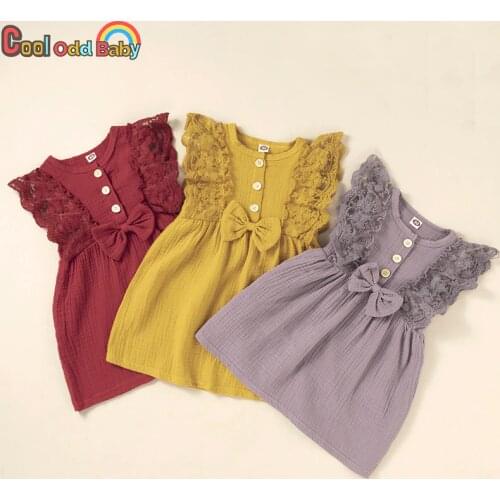 Summer Baby Girls Dress Cute Bow Lace Ruffles Cotton Linen Princess Dresses Fashion Casual Children Kids Birthday Party Clothes