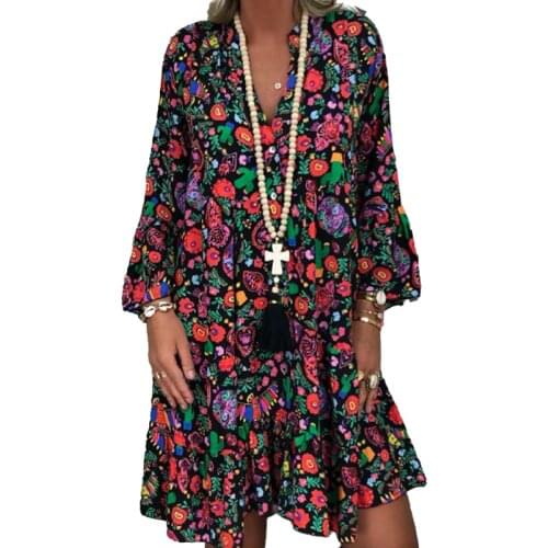 Summer Women Multicolor Dress Plus Size 5XL Loose Print Long Sleeve V-Collar Button Party Dress Casual Loose Women Dresses 2021