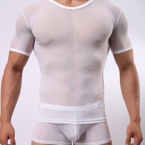 Mens Short Sleeved T Shirts Tight White Gauze Sexy Transparent Air Permeability