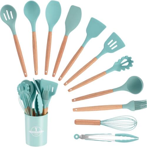 11PCS Silicone Kitchen Cooking Utensil Set with Storage Box for Countertop Wooden Cook Gadgets Kitchen Utensils Kitchen Sets