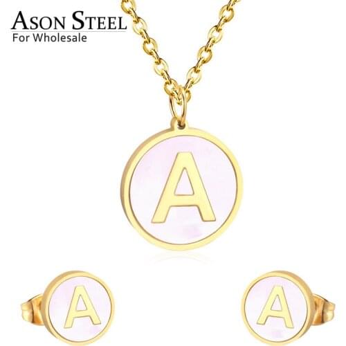 ASONSTEEL 26 Initial Letters Shell Wedding Jewelry Sets Stainless Steel Stud Earring Fashion Jewelry Party Best Friend Gift