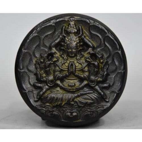 Hongshan culture natural Meteorite iron Magnetite Chinese collection Tibet Buddhism Thousands Hands Guanyin statue size 7cm