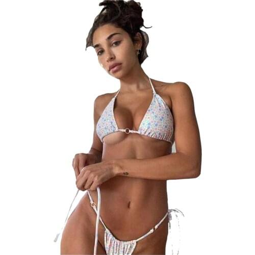 New Solid Color Small Fresh Floral Print Pleated Sexy Open Back Split Swimsuit Triangle Bikini Beach Suit Women