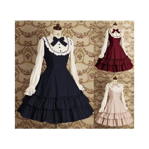 Autumn spring preppy style bow tie sweet ruffle flare sleeve Japan girl vintage lolita dress