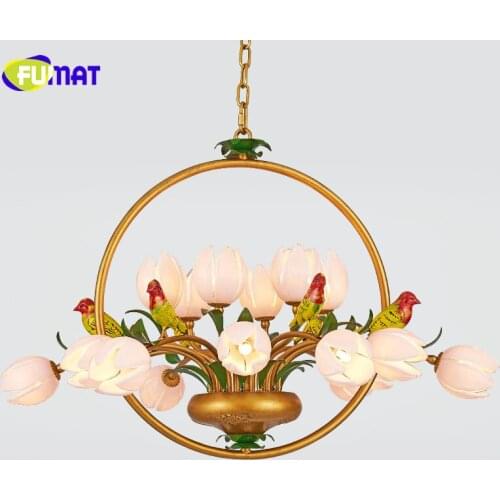 FUMAT American Style Pendant Lights Garden European Living Room Bed Room Lamp LED Floral Glass shade Metal Birds Pendant Lights