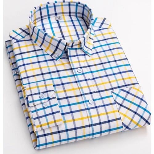 100% Cotton Oxford Long Sleeve casual shirts for men Plaid Shirt Slim Fit Leisure Quality Men Clothing with chest pocket New