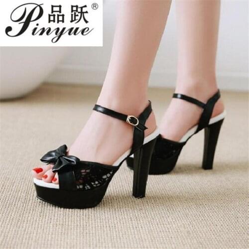 Platform Super High Heel Sandals Bow Buckle Women Shoes Round Toe Block Heels Lady Sandals Summer Large Size 34--43