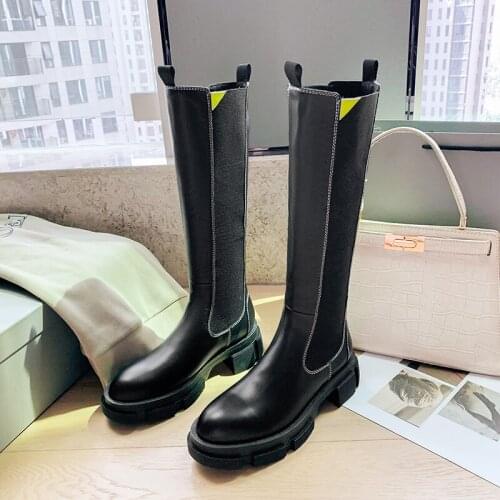 2021 Chelsea Boots Genuine Leather Knee High Boots Women Flat with Brand Winter Boots Female Chunky Ladies Botas