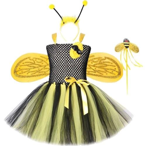 Honeybee Fairy Dress Girls Toddler Costumes Bee Kids Children Halloween Fancy Tutu Dresses with Wings Set Outfits 1-12 Years