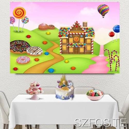 Cartoon Sweet Candy House Hot Air Balloon Grassland Pink Backdrop Girl Birthday Party Decoration Photography Photo Vinyl Banner