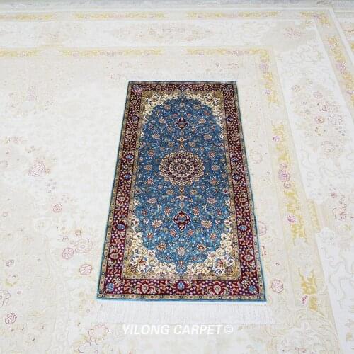 Yilong 2'x4' Blue Silk Rug Luxury Turkish Traditional Floral Rugs (TJ145A)