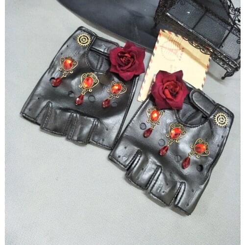 Gothic Women Gloves Rock Steam steampunk Rose Crystal PU leather Gear Glove Cosplay Accessories