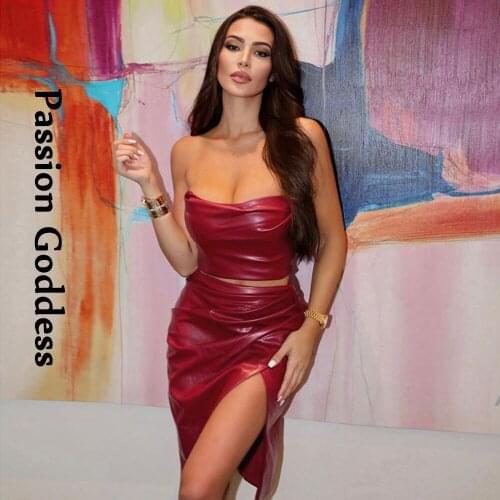 Party Women 2 Piece PU Leather Sets Slim Tube Bustier Tops High Waist PU Stacked Skirts Split Mid Skirts Sexy Two Piece Outfits