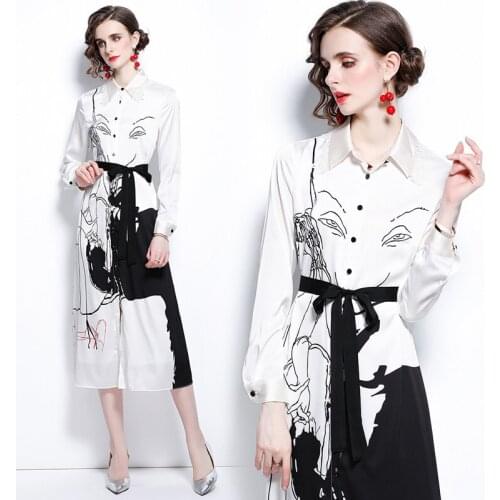 Long Shirt Printed Dress Long Sleeve Lace-up Fashion Graffiti Autumn Dresses for Women Party Office Lady Sashes Dress Elegant