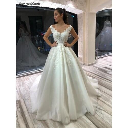 New Lace Wedding Dresses 2021 Off Shoulder V Neck Appliques Lace-up Back Floor Length Bridal Gowns For Women Robe De Mariee