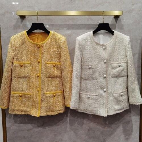 High Quality Women O-neck tweed coat 2020 Autumn winter Womens 100% Silk Lining pockets elegant tweed jackets C358