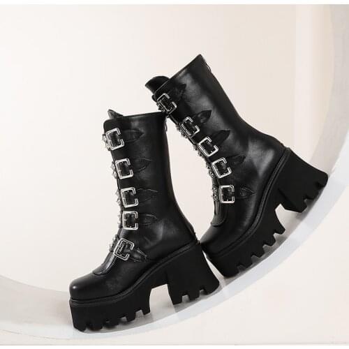 Winter Gothic Punk Womens Platform Boots Black Buckle Strap zipper Creeper Wedges Shoes Mid Calf Military Combat Boots