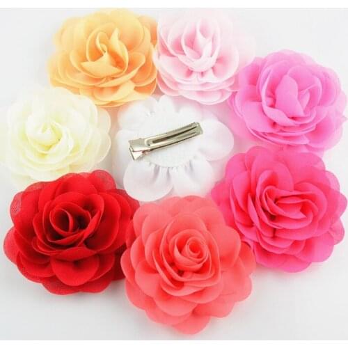2 PCS/lot , Chiffon Cabbage Rose Flower Hair Clips , 3.15" Chiffon Rose Hair Flower Clip for wedding , Girls Hair Accessories