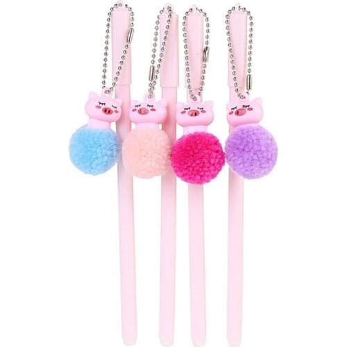 20 PCs Furry Ball Pink Pig Pendant Gel Pens Cute Student neutral Pen Cartoon Office Stationery Black Signature Pen Wholesale