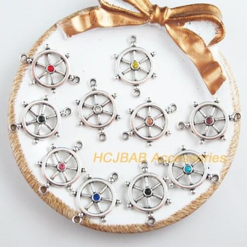 20Pcs Tibetan Silver Tone Retro Rudder Mixed Crystal Charms Connectors 18x26.5mm