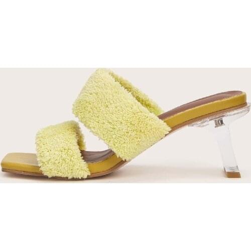 2021 new fashion sandals women summer furry decoration upper heel sandals and slippers personality crystal heel sandals women 42